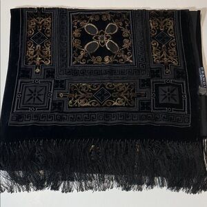 Frangi Black Gold Burnout Velvet Silk Scarf Fringe Evening Wrap